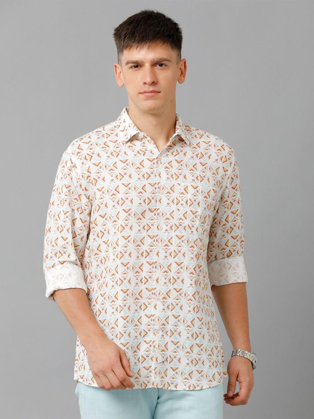 linen club geometrical printed spread collar pure linen casual shirt