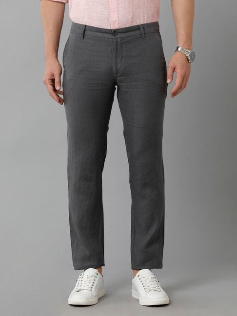 linen club grey slim fit linen flat front trousers