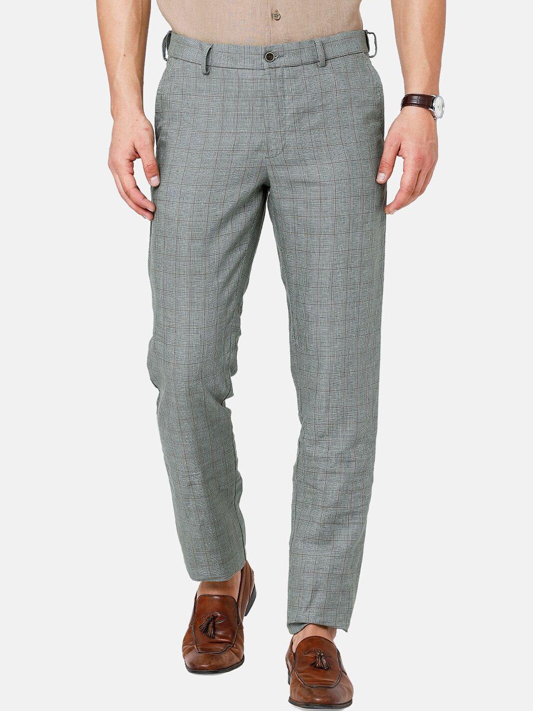 linen club men checked slim fit regular sustainable trousers
