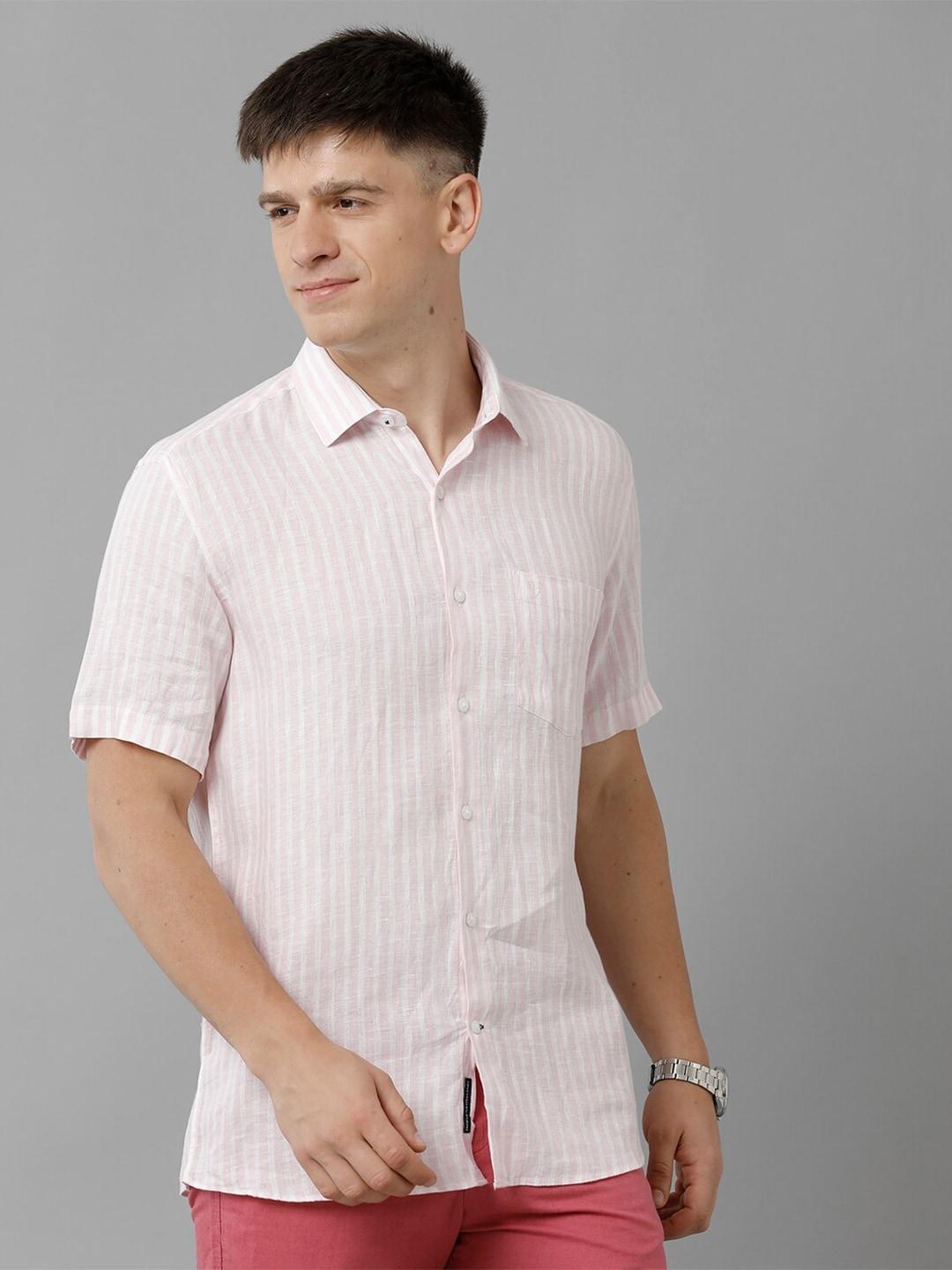 linen club striped spread collar short sleeves linen casual shirt