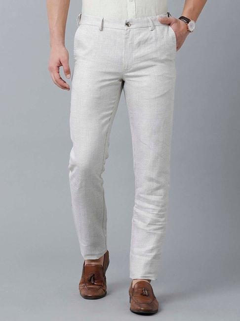 linen club white & beige regular fit flat front trousers