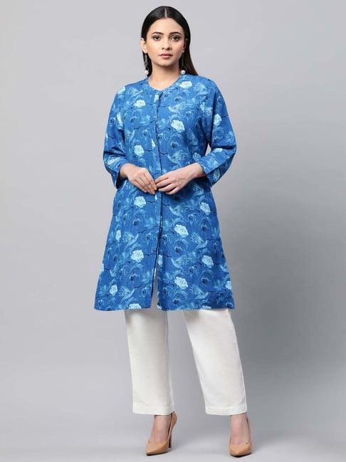 linen club woman blue linen floral print a line kurti