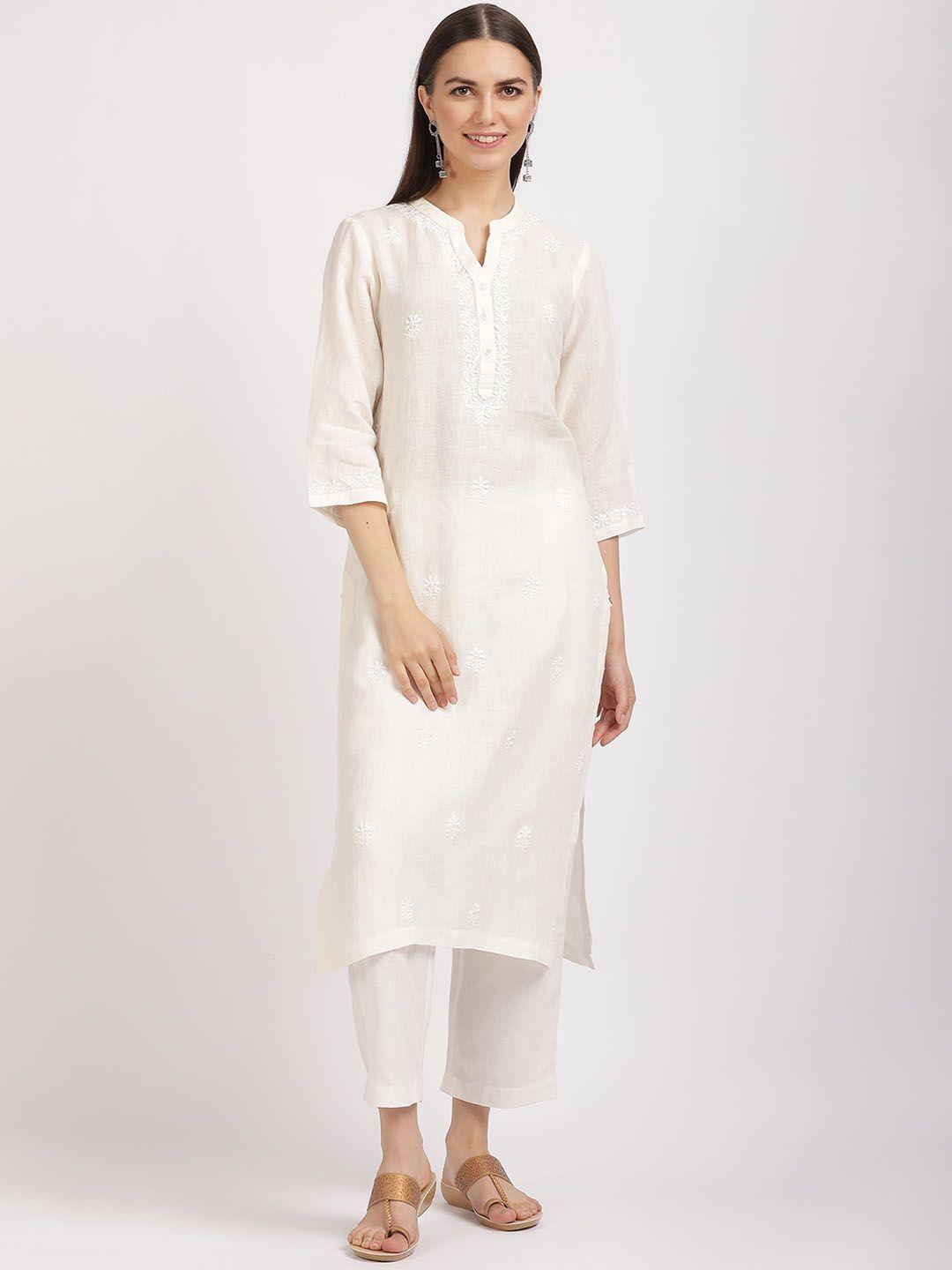 linen club woman ethnic motifs embroidered chikankari white romance straight kurta