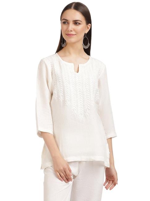 linen club woman off white linen embroidered top