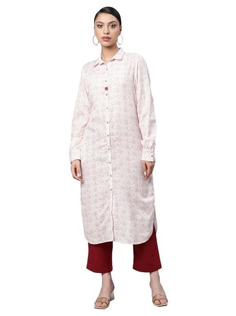 linen club woman white & red printed kurta pant set