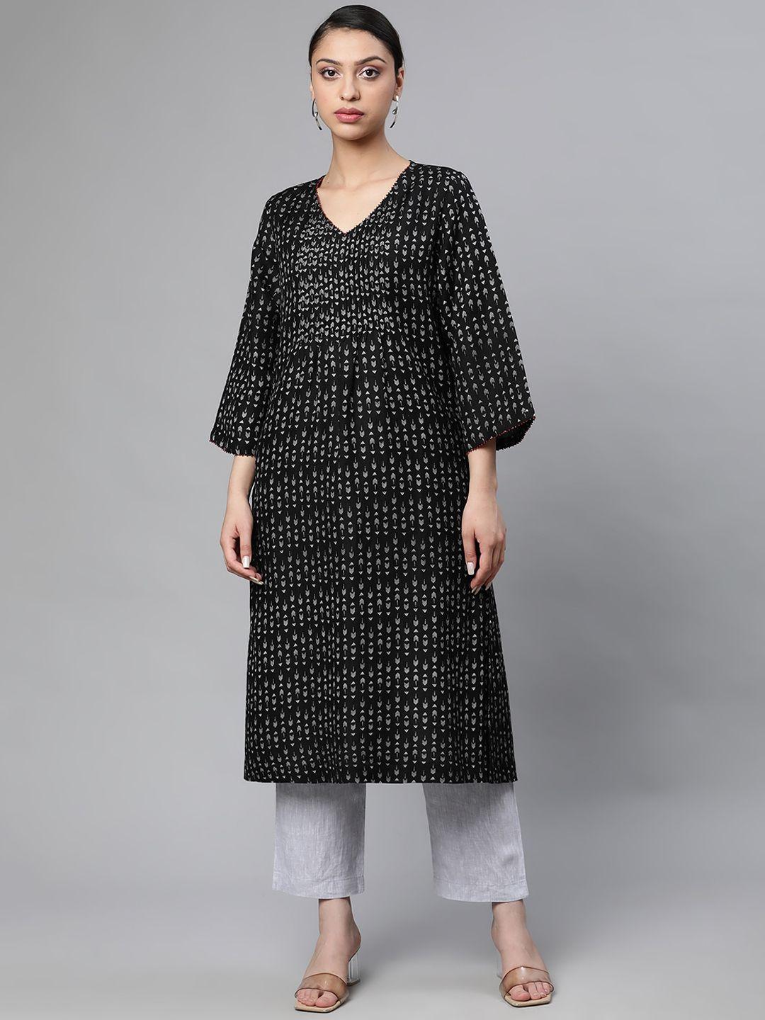 linen club woman women black ethnic motifs printed flared sleeves thread work sustainable kurta