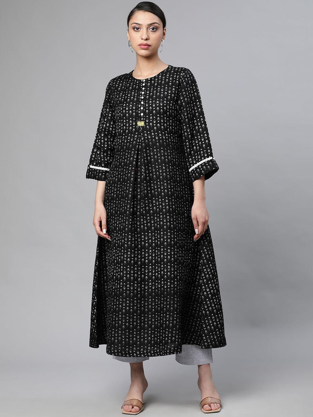 linen club woman women black geometric printed flared sleeves thread work sustainable kurta