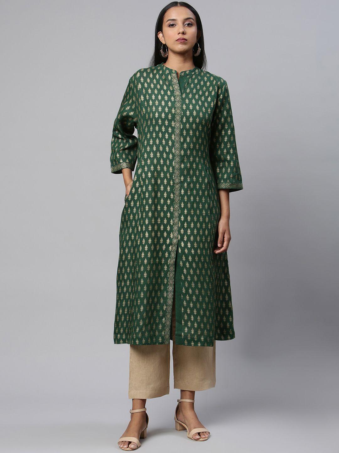 linen club woman women green ethnic motifs printed thread work sustainable kurta
