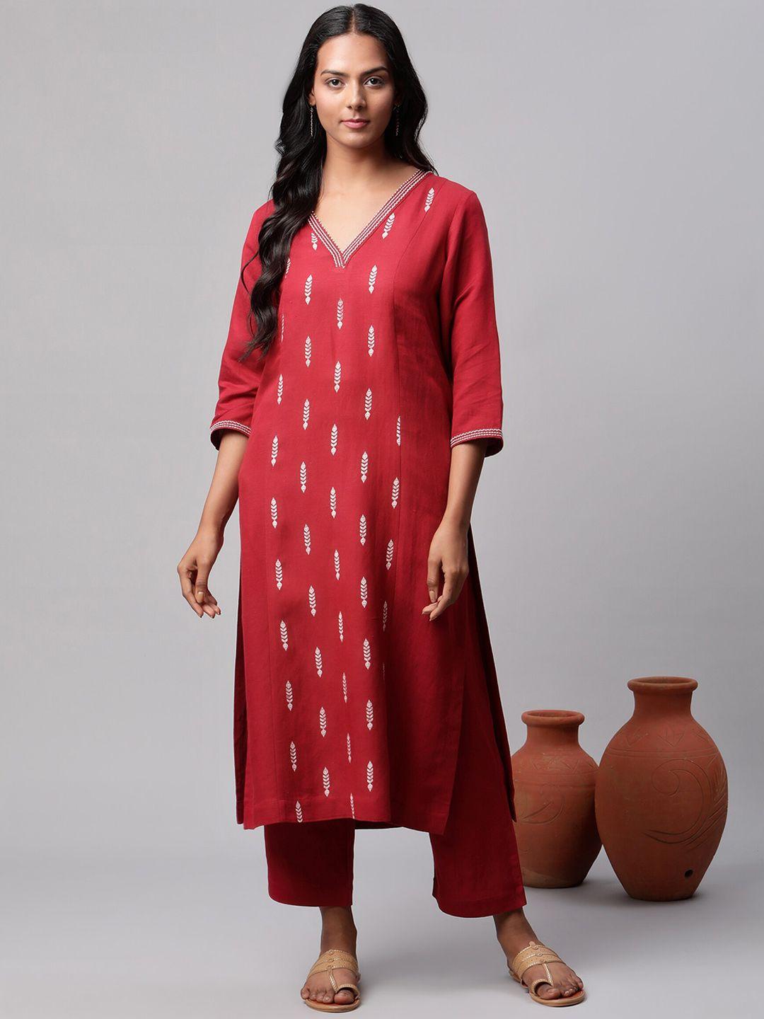 linen club woman women maroon ethnic motifs printed thread work linen sustainable kurta