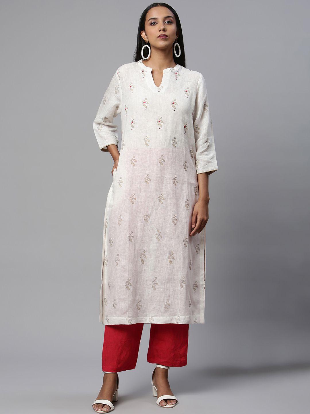 linen club woman women off white ethnic motifs embroidered thread work kurta