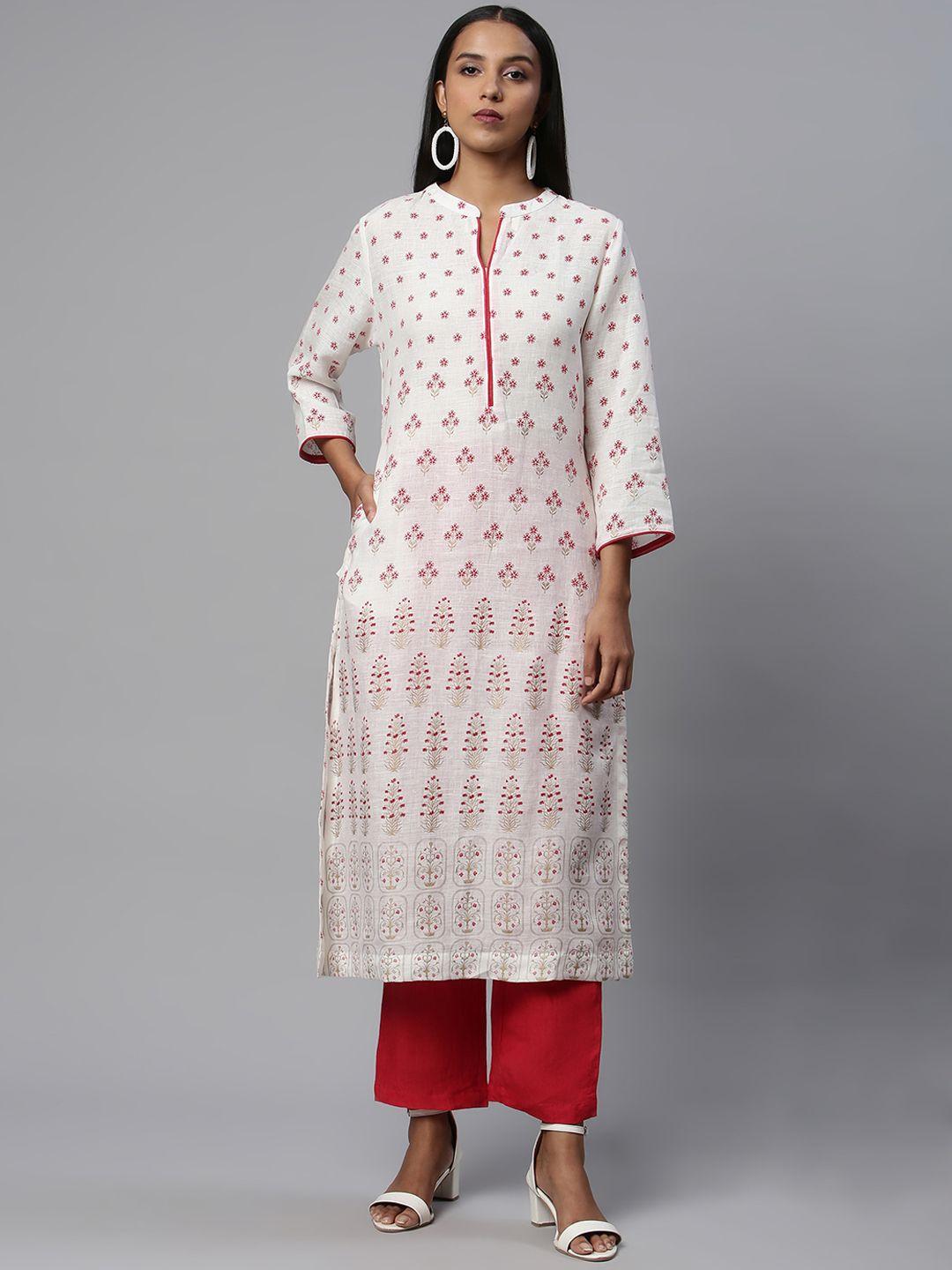 linen club woman women off white ethnic motifs printed flared sleeves kurta