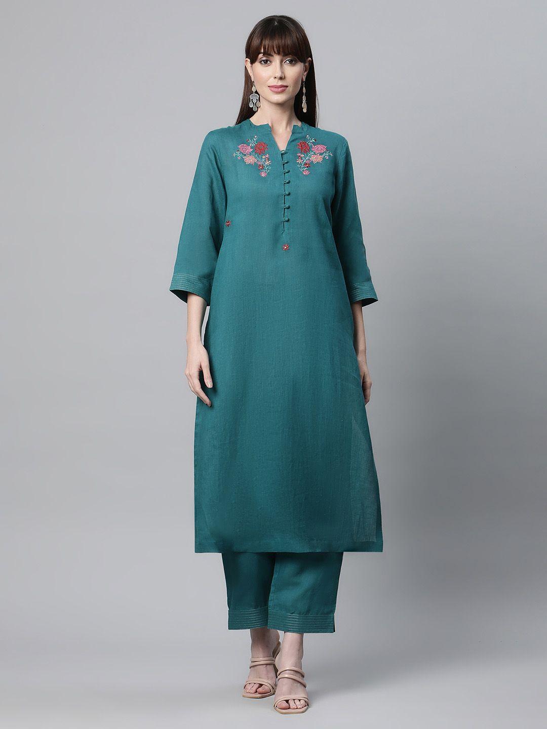 linen club woman women teal green floral embroidered linen kurta with trousers