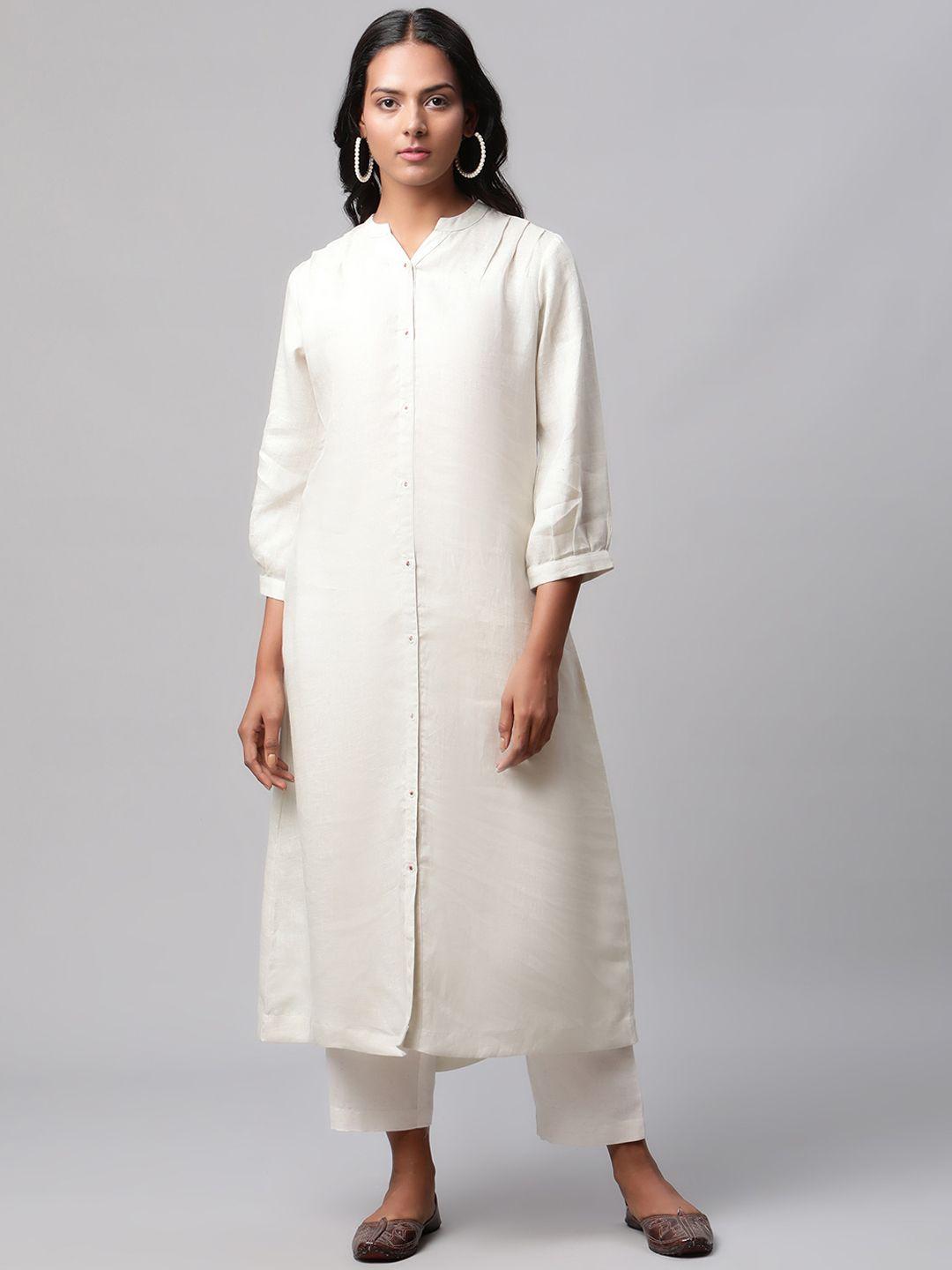 linen club woman women white mandarin collar linen a-line sustainable kurta