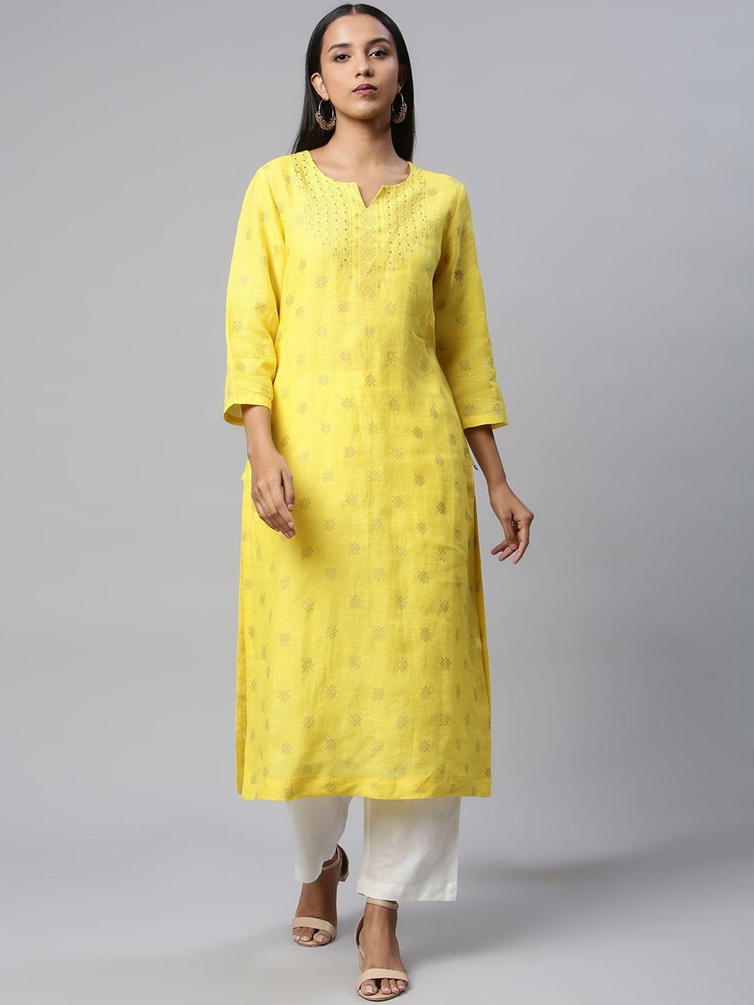 linen club woman women yellow ethnic motifs embroidered keyhole neck chikankari kurta