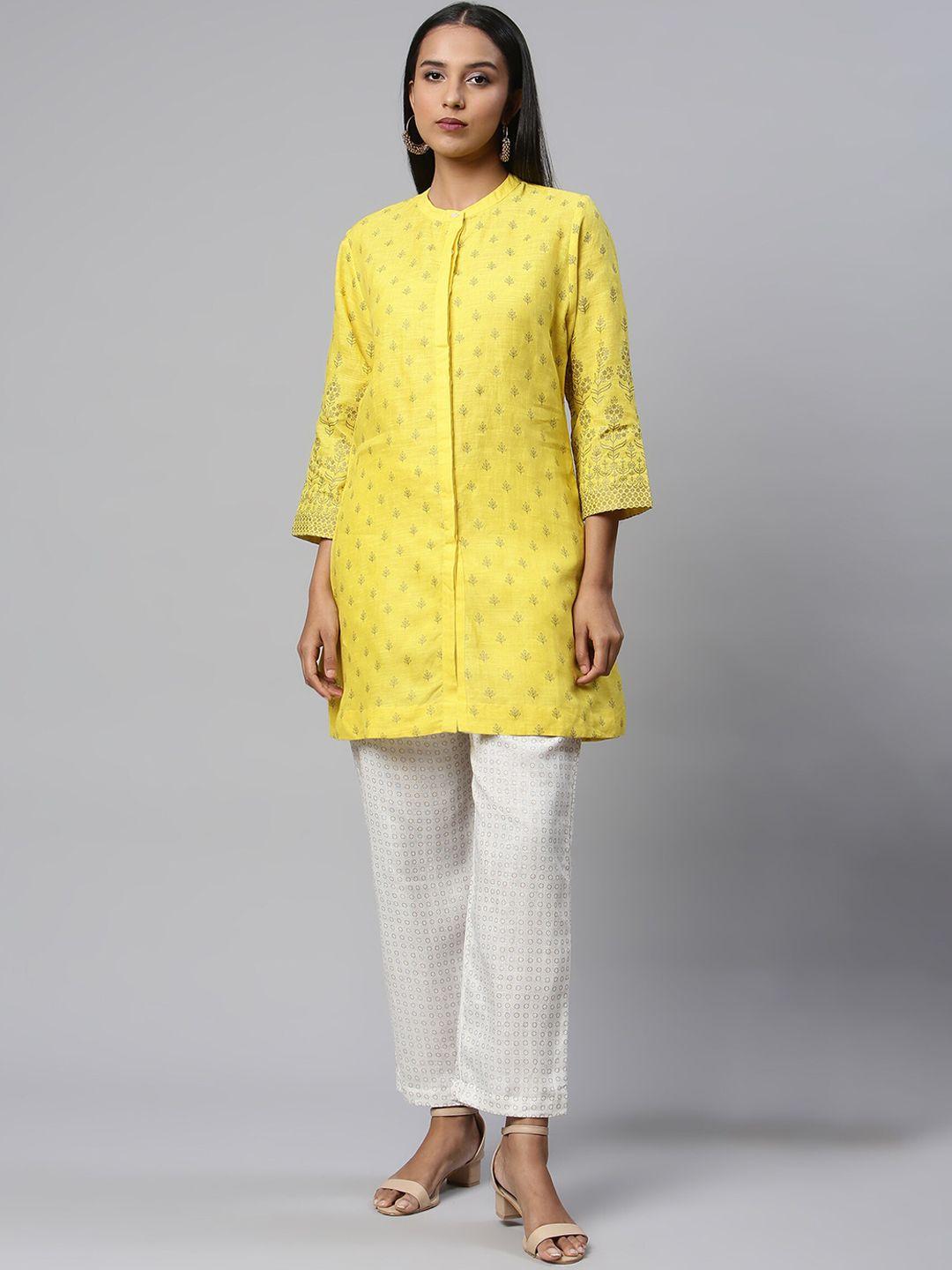 linen club woman women yellow printed linen kurta with trousers