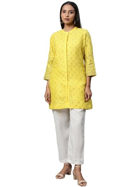 linen club woman yellow & white printed kurti pant set