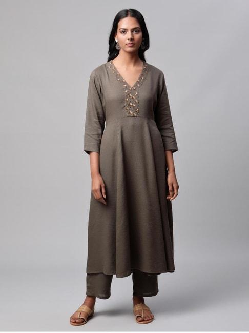 linen club women olive embellished kurta set
