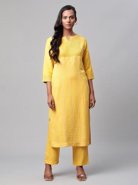 linen club women yellow printed kurta set