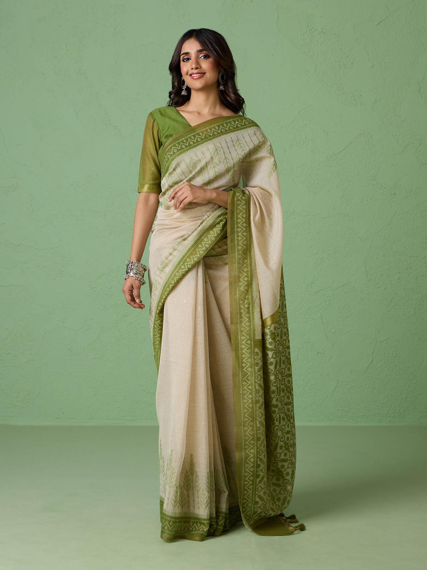 linen all over jacquard weave and zari work beige saree with unstitched blouse likpetsar09