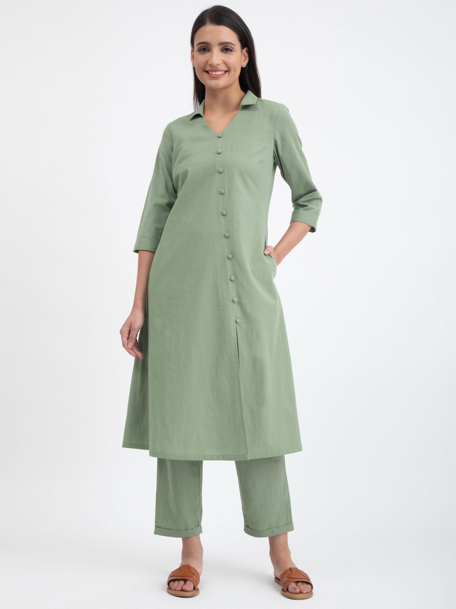 linen blend a-line kurta - green