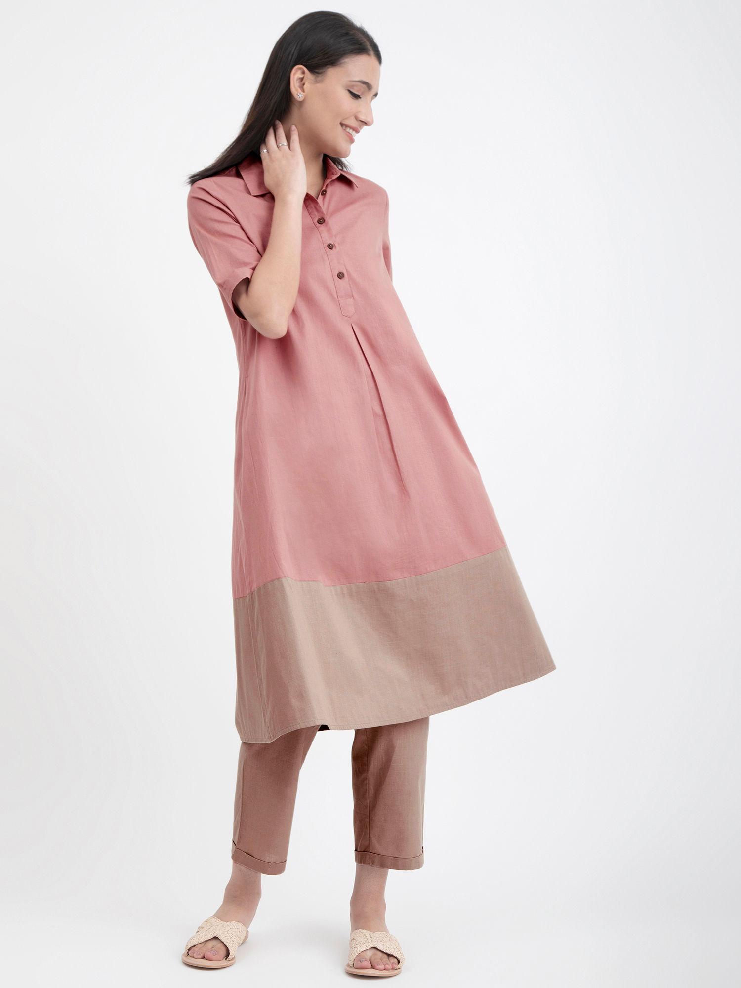 linen blend colour block kurta - pink & beige