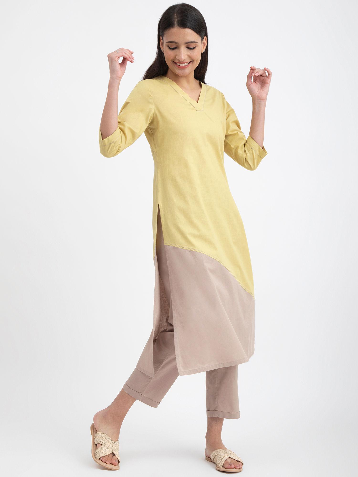 linen blend colour block kurta - yellow & beige