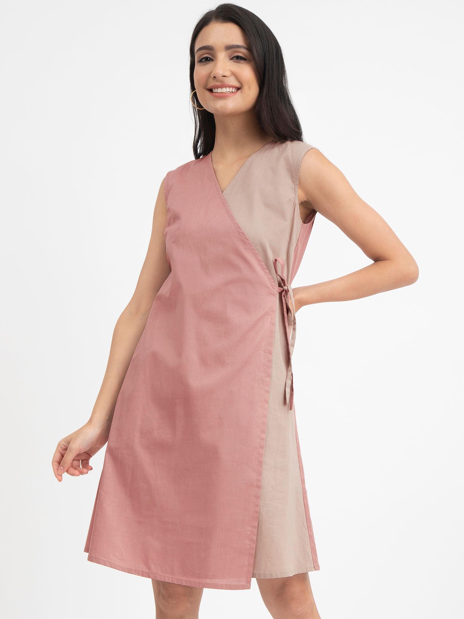 linen blend colour block tie-up dress - beige & pink