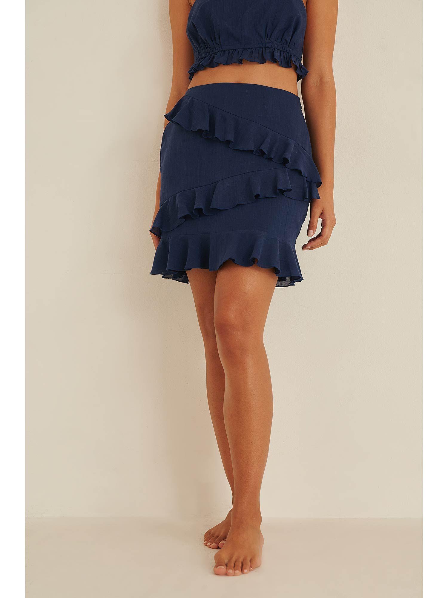 linen blend flounce skirt navy blue