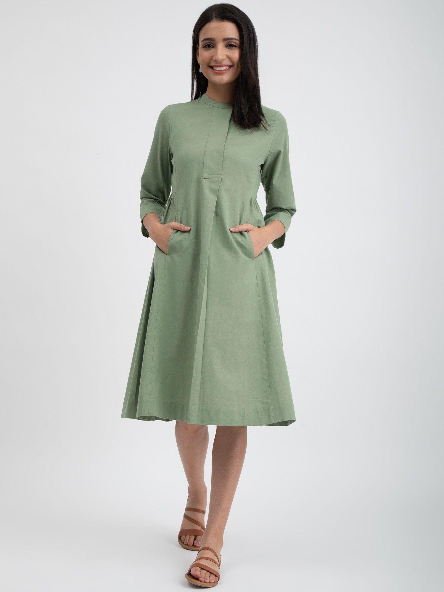 linen blend mandarin collar dress - green