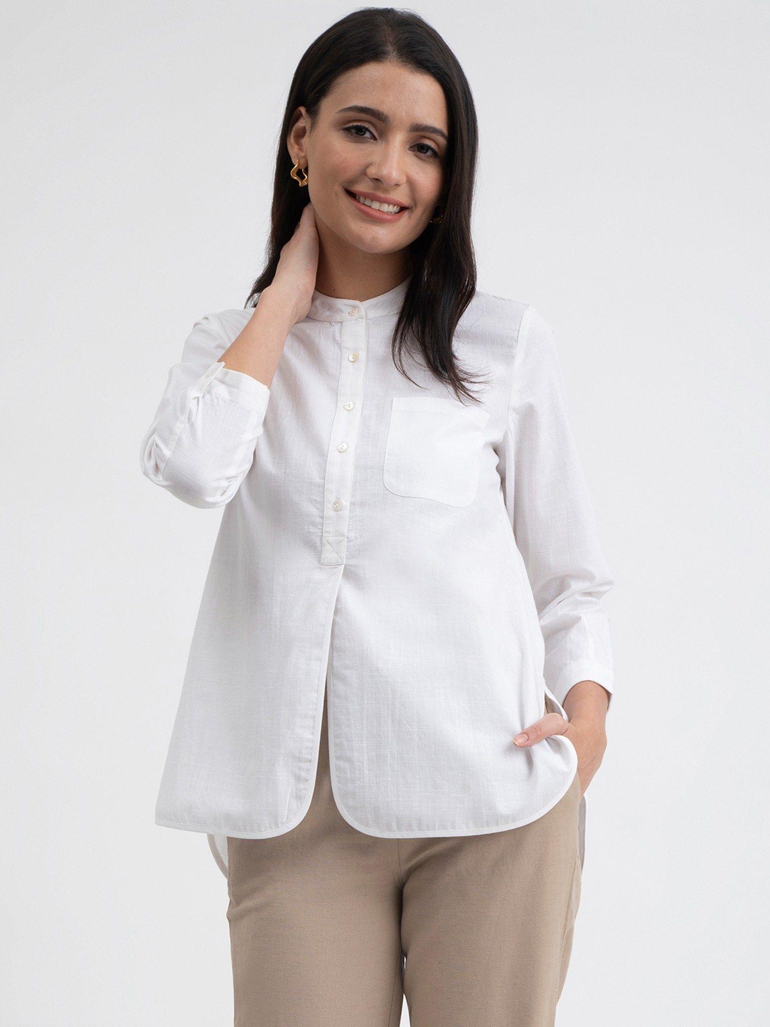 linen blend mandarin collar top - white