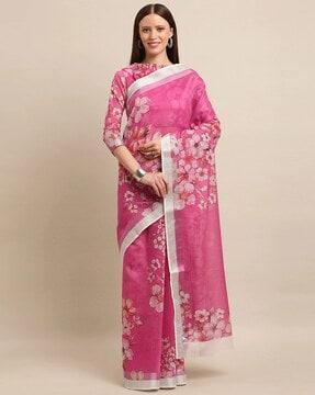 linen blend printed daily wear saree with unstitched blouse