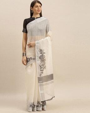 linen blend printed daily wear saree with unstitched blouse