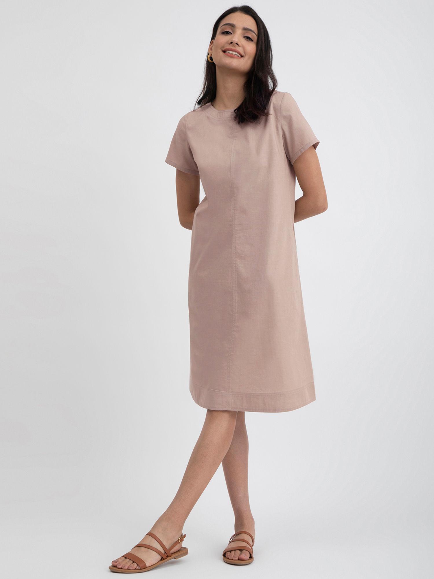 linen blend shift dress - beige