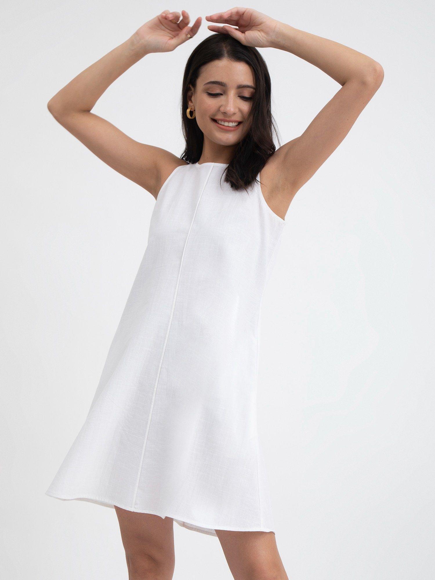 linen blend sleeveless dress - white