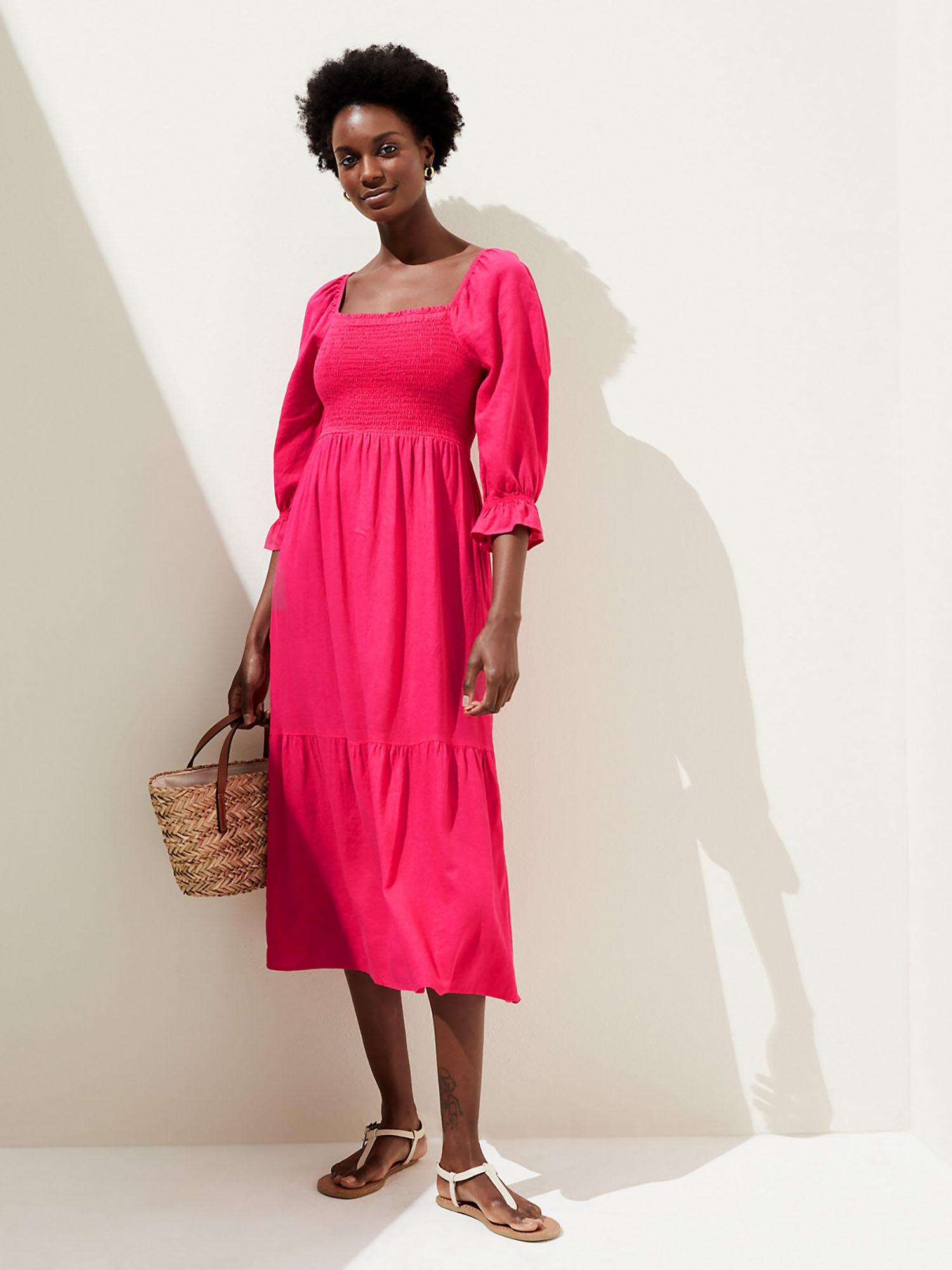 linen blend square neck pink shirred midi dress