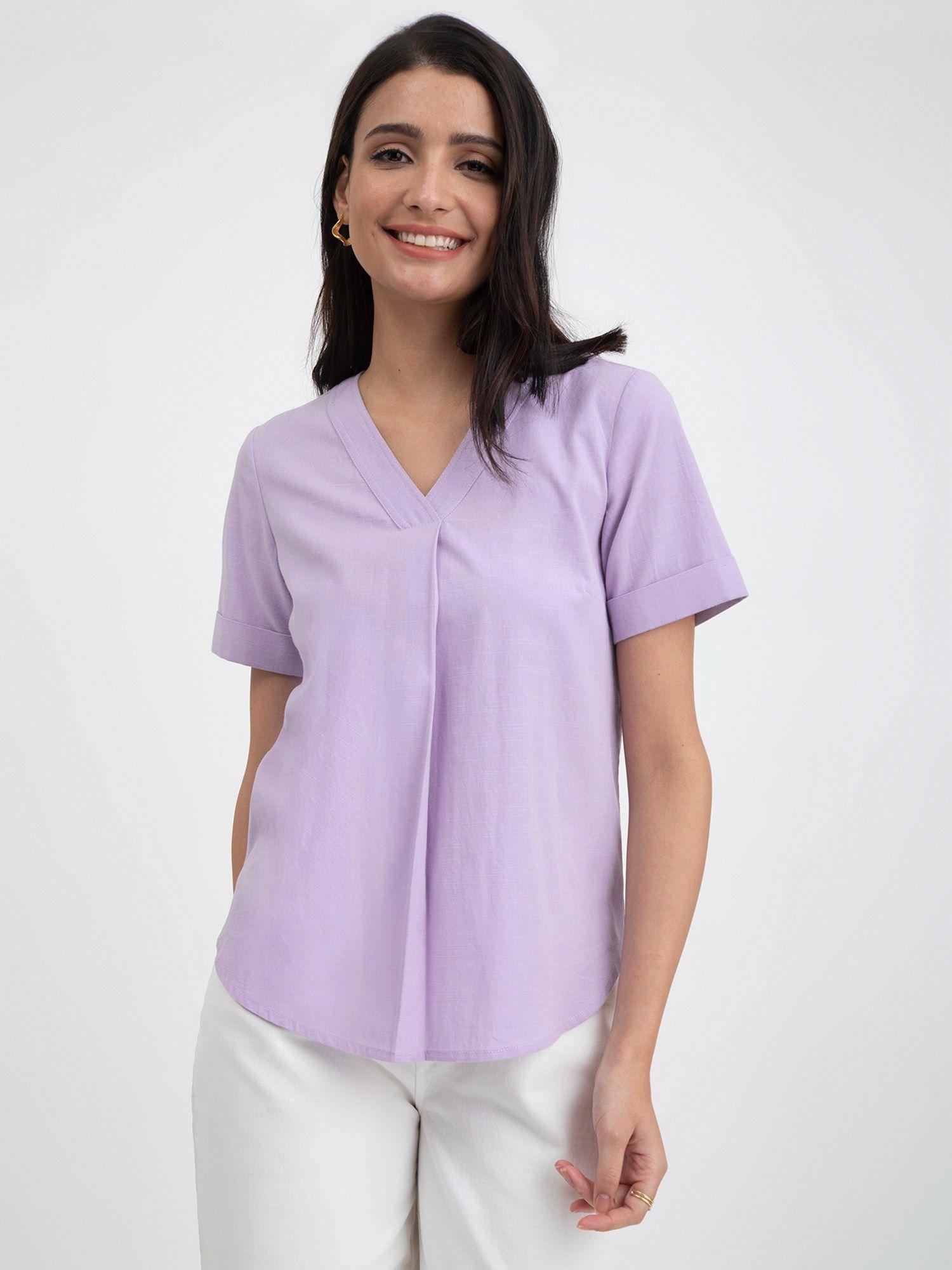 linen blend v-neck top - lilac