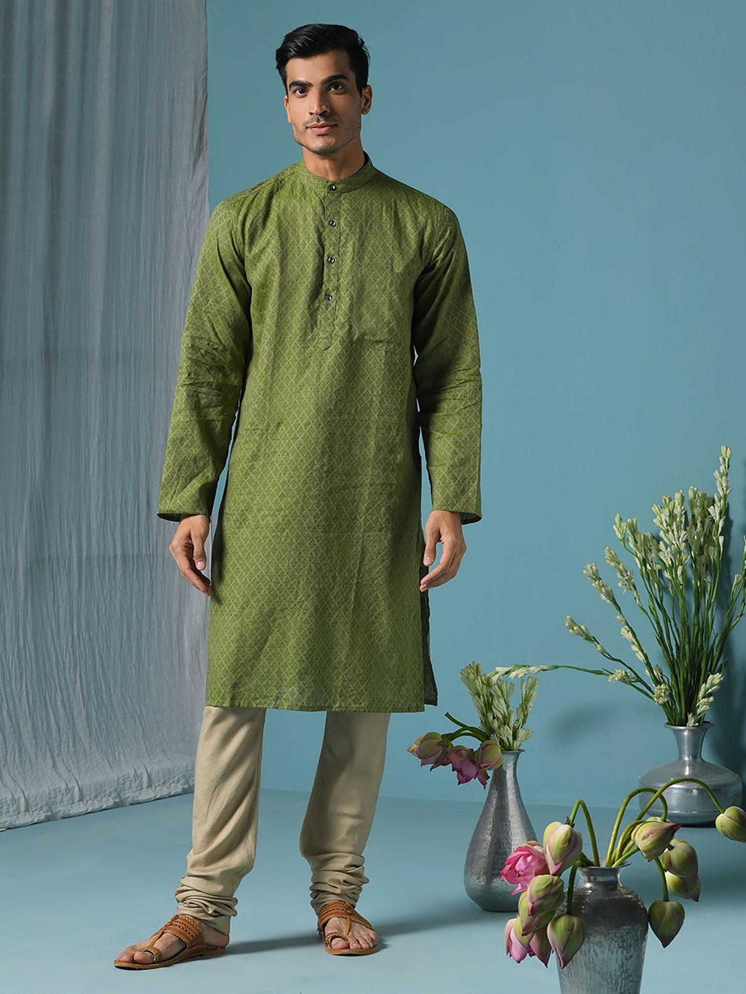 linen block self design slim fit kurta