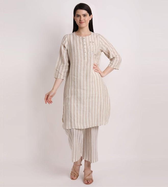 linen bloom beige stripe tunic with floral embroidery