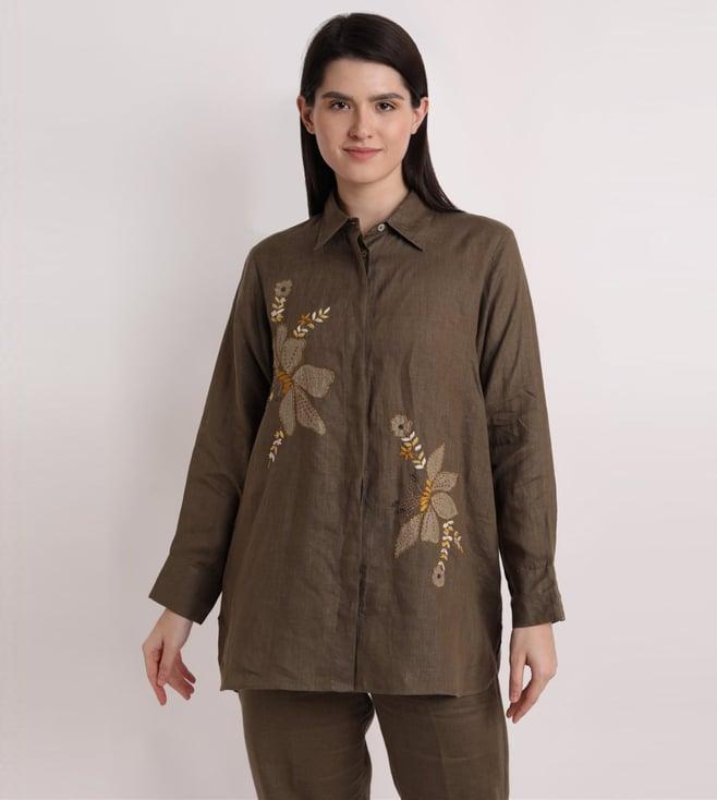 linen bloom olive big shirt with floral handwork