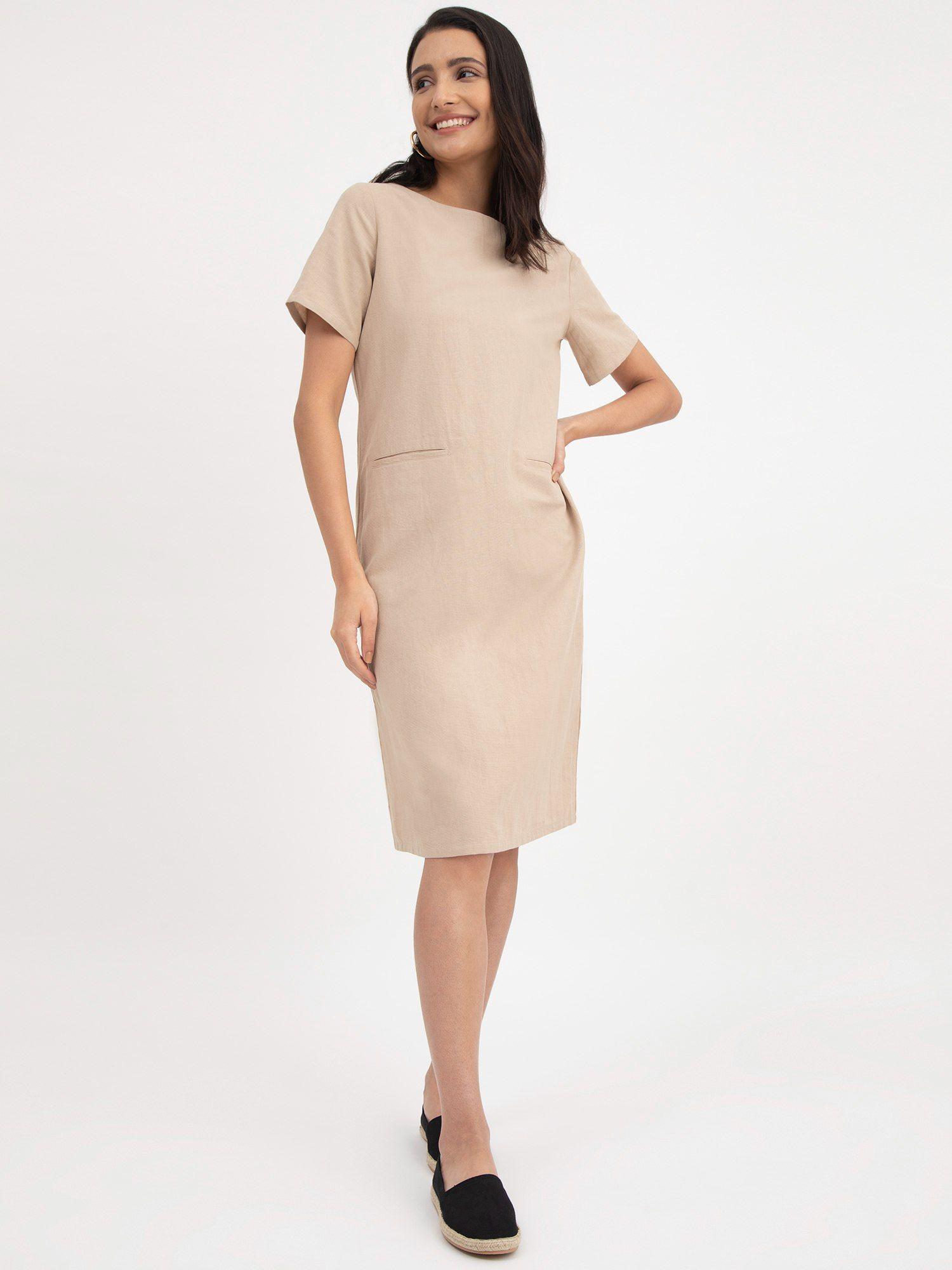 linen boat neck dress - beige