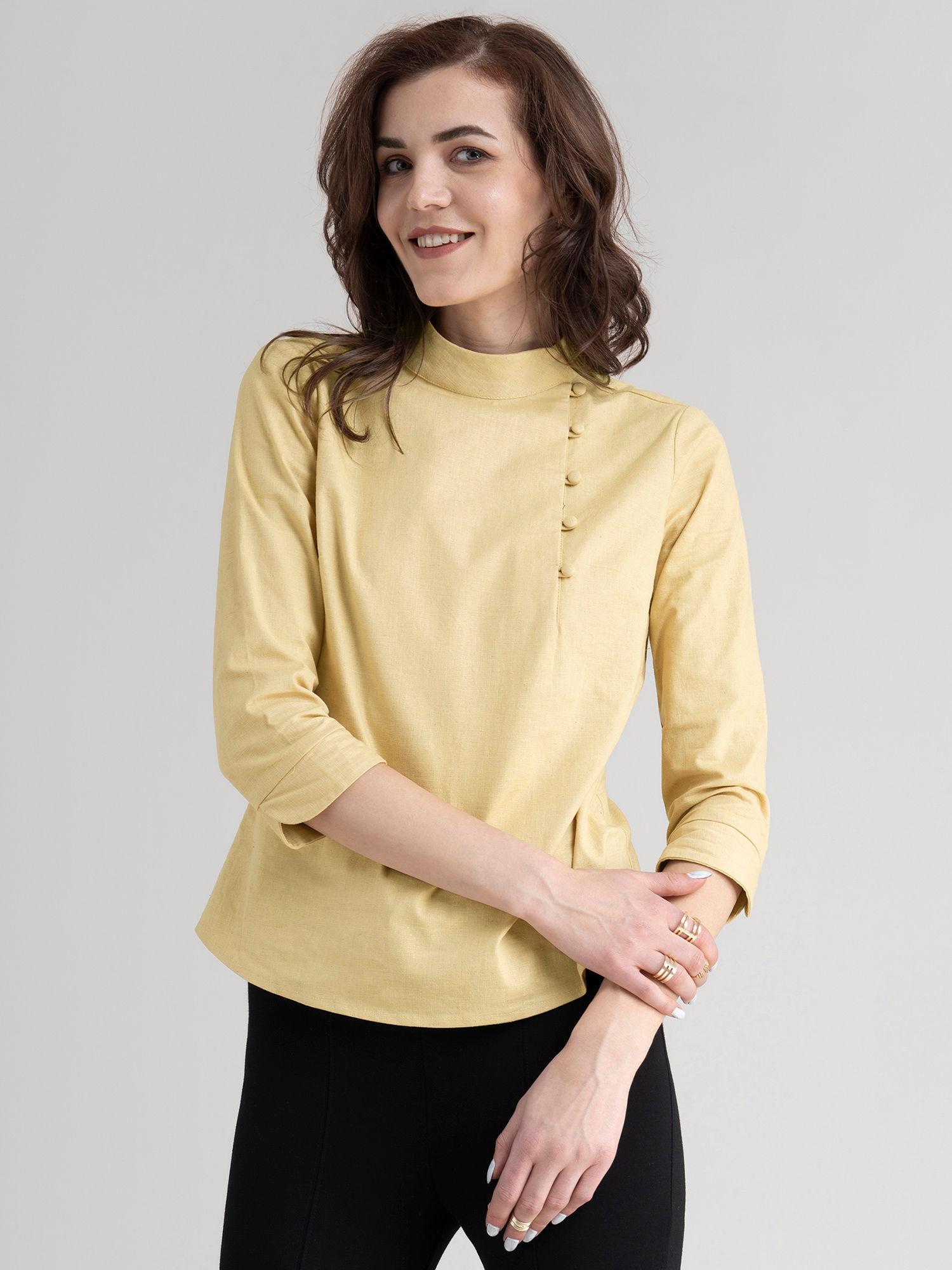 linen button detail top - yellow