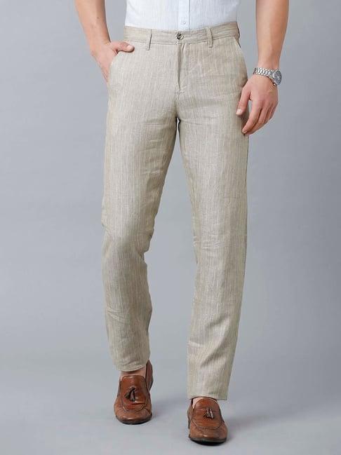 linen club beige regular fit flat front trousers