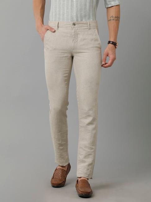 linen club beige slim fit linen flat front trousers