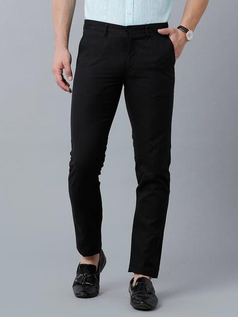 linen club black regular fit flat front trousers