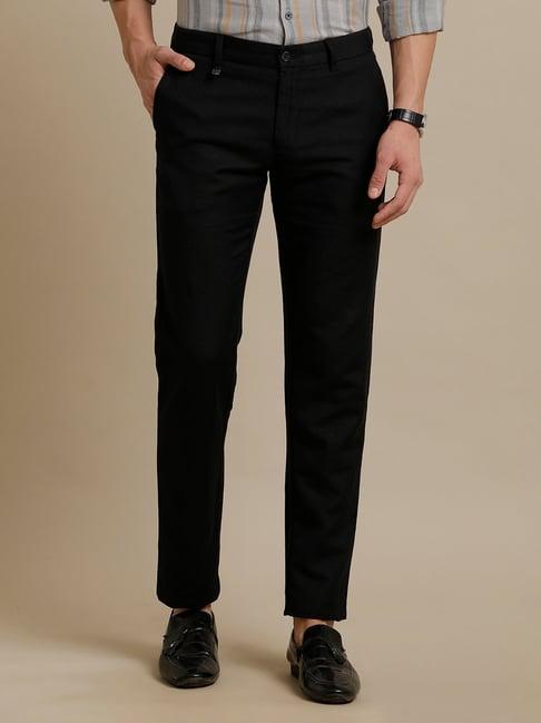 linen club black regular fit linen flat front trousers