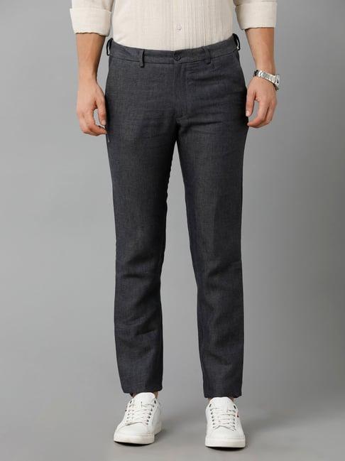 linen club black slim fit linen flat front trousers