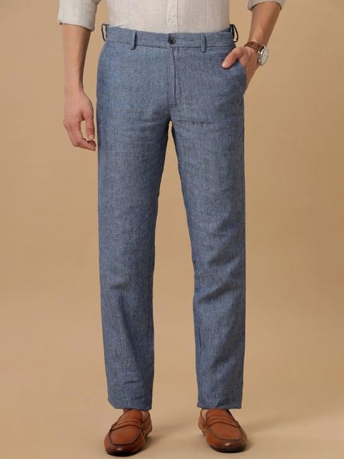 linen club blue linen slim fit texture trousers