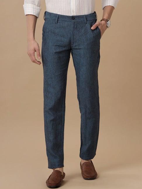 linen club blue linen slim fit texture trousers