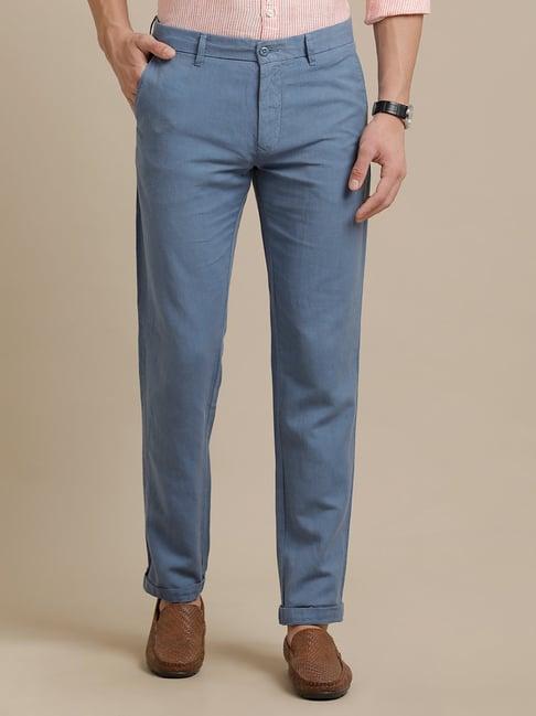 linen club blue regular fit linen flat front trousers