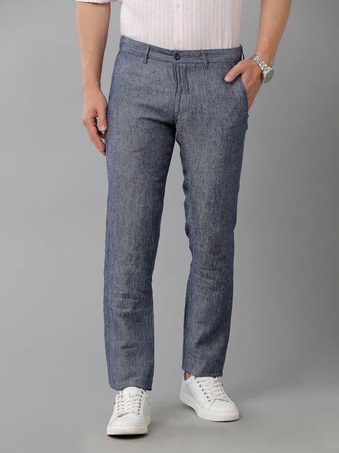 linen club blue slim fit linen flat front trousers